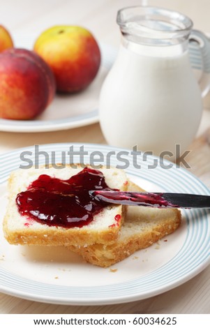Breakfast with toasts, black currant jelly, peaches and milk