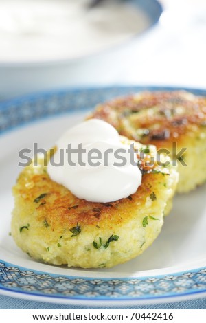 Veggie burgers with millet and parsley under sour cream on the plate