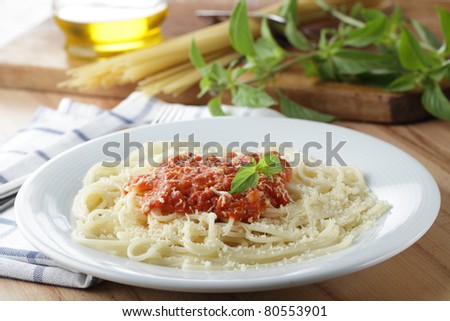 Spaghetti with salsa and shredded Parmesan cheese closeup