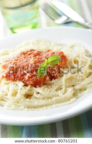 Spaghetti with salsa and shredded parmesan cheese closeup