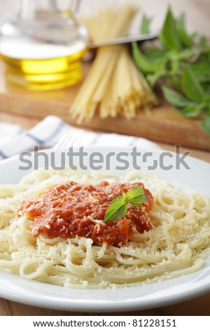 Spaghetti with salsa and shredded Parmesan cheese closeup