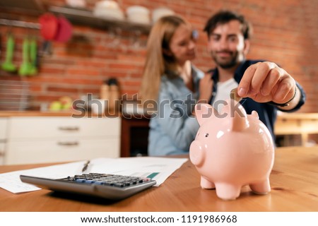 Happy couple inserting coin in piggybank. Home budget, family finance concept. Wide photo with space for your text