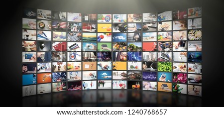 Television streaming video concept. Media TV video on demand technology. Video service with internet streaming multimedia shows, series. Digital collage wall of screen abstract composition