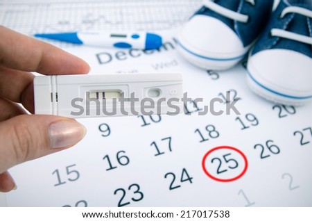 Positive pregnancy test on calendar with date of birth