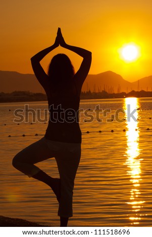 Silhouette of a beautiful woman exercising Yoga on the beach during sunset