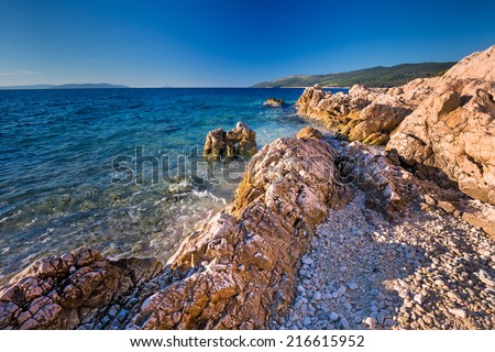 Amazing beach with cristalic clean sea water with pine trees in Croatia