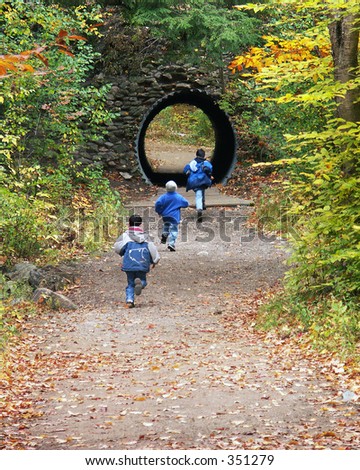 Three boys running in an autumn forest scene in gatineau park quebec near ottawa