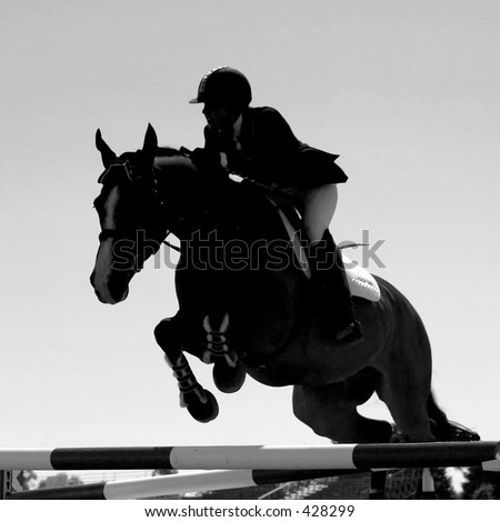 Silhouette of horse and rider jumping in black and white