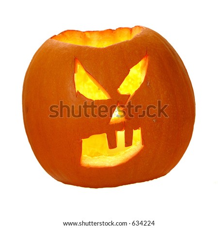 angry halloween jack-o-lantern face illuminated from within isolated on white