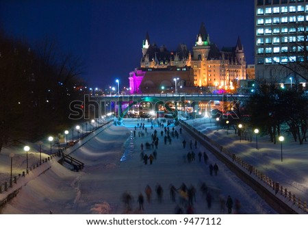Skaters on the Rideau Canal, a UNESCO heritage site, during Winterlude, the winter festival held each year in Ottawa Canada