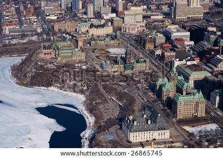 Parliament Hill in downtown Ottawa, Canada from the air.  supreme court in foreground