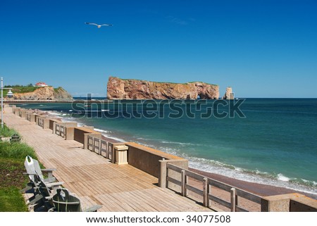 Famous landmark of Quebec, perce rock, seen from the boardwalk in the town of perc