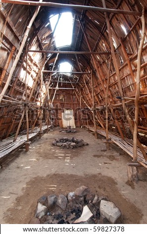 interior of a native canadian longhouse, lanaudiere region of quebec
