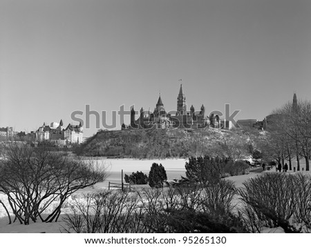 high resolution scan from medium format black and white film. parliament of canada in winter, seen from the quebec side