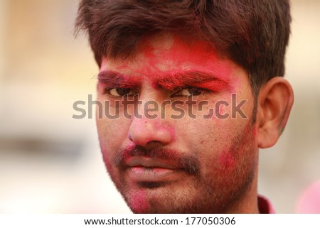 NEW DELHI, INDIA Ã¢Â?Â? MARCH 6:  20: Man from New Delhi celebrate festival Holi on March 6, 2012 in Delhi, India. Holi is a spring festival also known as festival of colours.