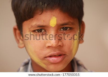 NEW DELHI, INDIA Ã¢Â?Â? MARCH 6:  20: Child from New Delhi celebrate festival Holi on March 6, 2012 in Delhi, India. Holi is a spring festival also known as festival of colours.
