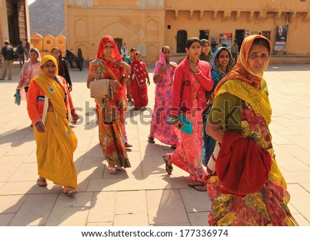 JAIPUR, INDIA Ã¢Â?Â? MARCH 3: Unidentified women arriving for a performance at Agra Fort on March 3, 2012 in Jaipur, Rajasthan, Northern India. Amber Fort overlooks Maota Lake and is 11km from Jaipur.