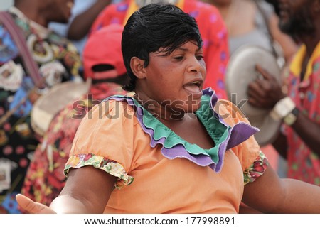 FALMOUTH, JAMAICA Ã¢Â?Â? MAY 11: An unidentified street performer dancing outside the port of Falmouth on MAY 11, 2011 in Jamaica ahead of the national labor day celebrations.