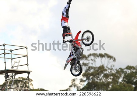 Gold Coast, Australia - September 19, 2014: Motorcycle Making Jump in Air at Movieworld near Southport on Australia\'s Sunshine Coast