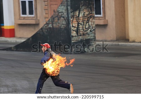 Gold Coast, Australia - September 19, 2014: Stunt Man on Fire at Movieworld near Southport on Australia\'s Sunshine Coast