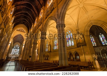 SYDNEY, AUSTRALIA,?? OCTOBER 19 2014: St Mary\'s Cathedral, Sydney from the exterior. The Metropolitan Cathedral of St Mary is the cathedral church of the Roman Catholic Archdiocese of Sydney.