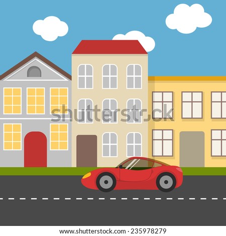 Flat city street with red sports car