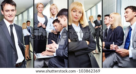 Collage of businesspeople working in group and business leaders