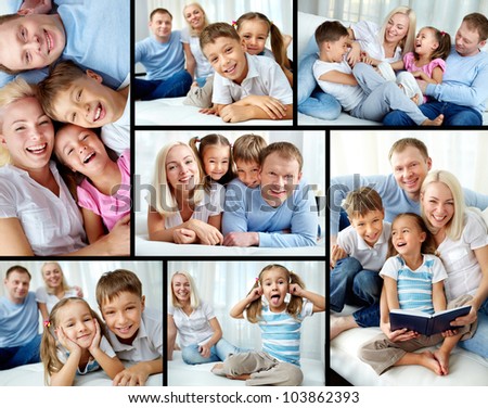 Collage Of Happy Family Resting At Home