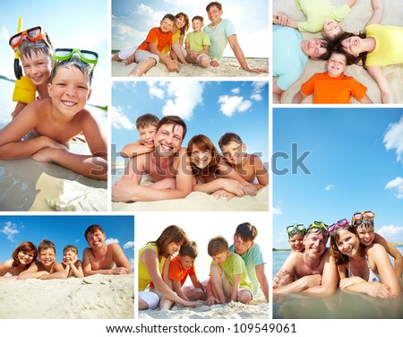 Collage of happy family spending summer vacation on resort