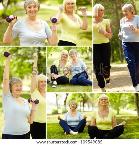 Collage of elderly women doing exercises outdoors Collage of elderly women doing exercises outdoors