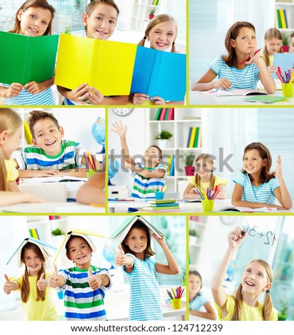 Collage of happy classmates at lesson in classroom