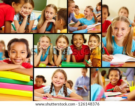 Collage of smart schoolchildren at lesson in classroom