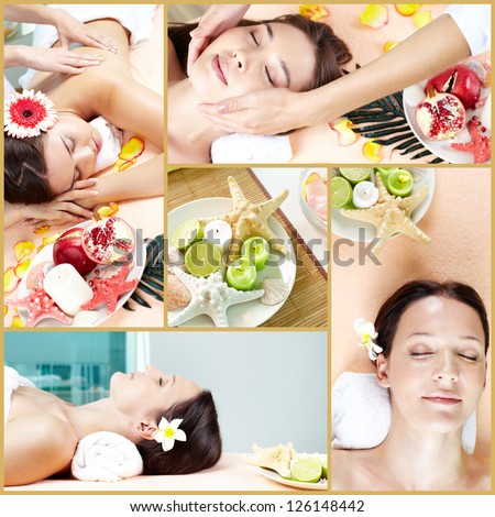 Collage of young females lying in beauty salon and spa accessories