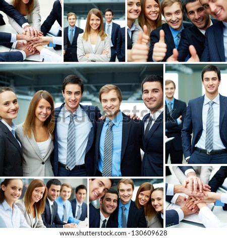 Collage of business partners in suits and symbols of unity
