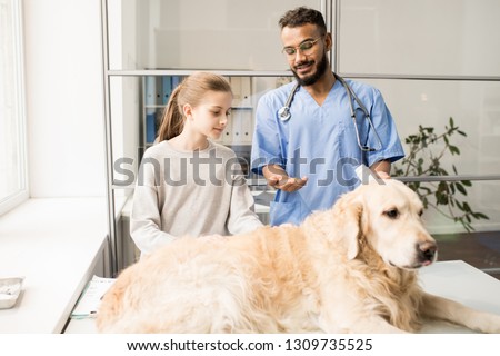Young confident veterinary doctor pointing at labrador dog while talking to little girl during their visit to clinics