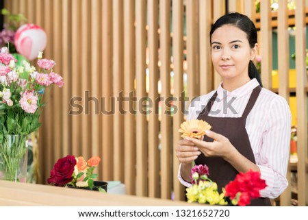Young woman in florist workwear looking at you while sorting herberas for making floral bouquets for buyers