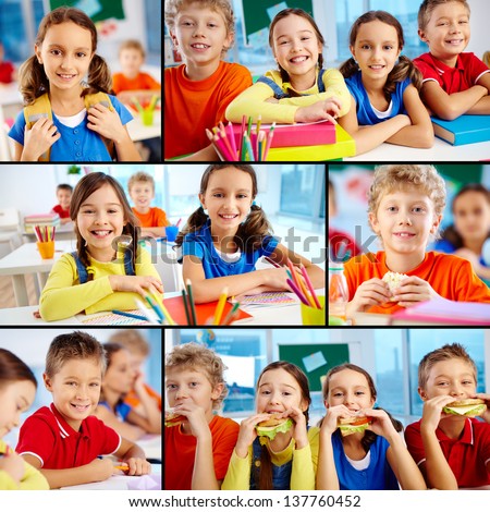 Collage of diligent schoolchildren in school