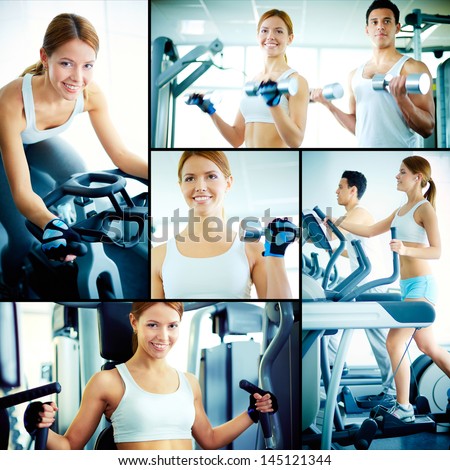 Collage Of Pretty Girl And Young Guy Training On Sport Facilities In Gym