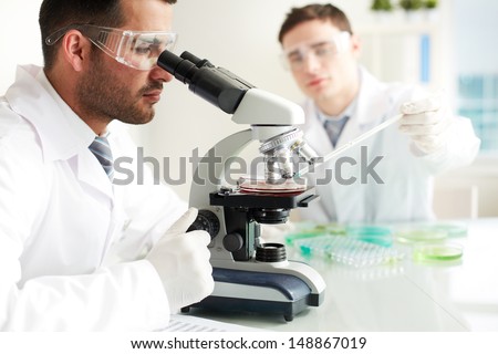 Serious clinician studying chemical element in microscope