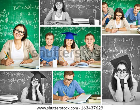 Collage of smart students on background of blackboard with formula