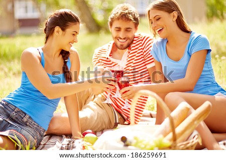Happy young friends toasting with wine at picnic in the country