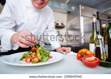 Hands of male chef serving vegetable salad on plate