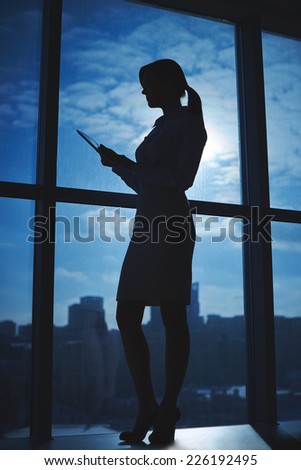 Outline of businesswoman standing by the window in office