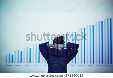 Rear view of businessman with his hands behind head looking at chart on the wall