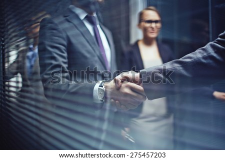 Close-up of businessmen handshaking on background of woman