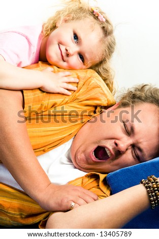 Photo of tired man wanting to sleep and the girl lying on his shoulder