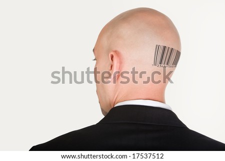 Back of male head slightly turning with barcode