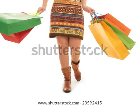 Image of woman walking back from shop over white background