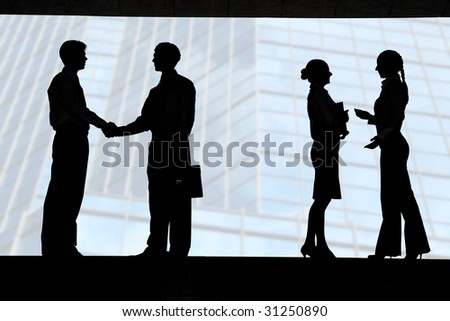 Outlines of business partners handshaking with two communicating females near by