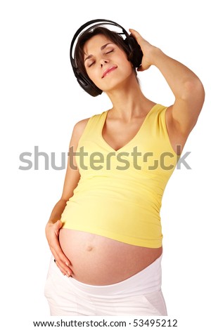 stock photo Photo of pretty pregnant woman wearing headphones and 